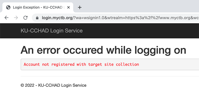 Account Not Registered with Target Site Collection error message.