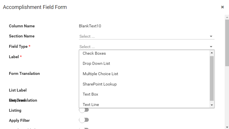 Dropdown list of Field Types for the Text question.