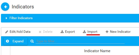 The Import button highlighted in the Indicator toolbar.