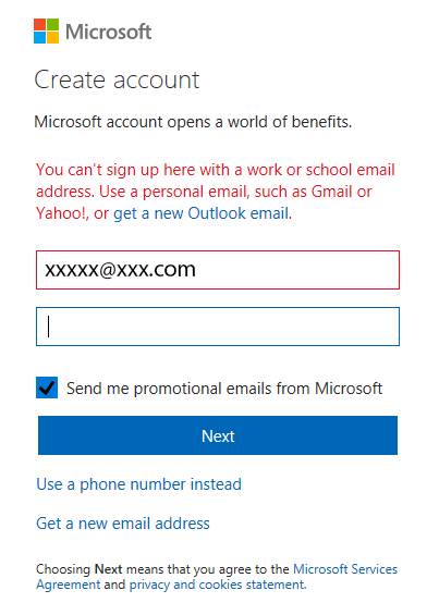 Sign up error interface through Microsoft.